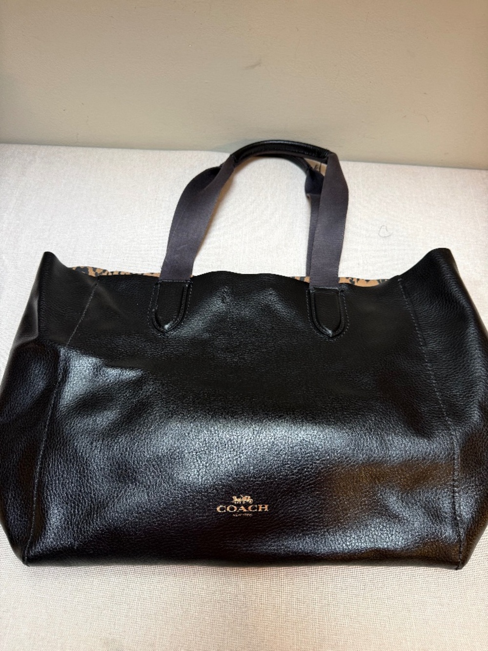 Coach Black Pebbled Leather Derby Tote With Animal Print Lining